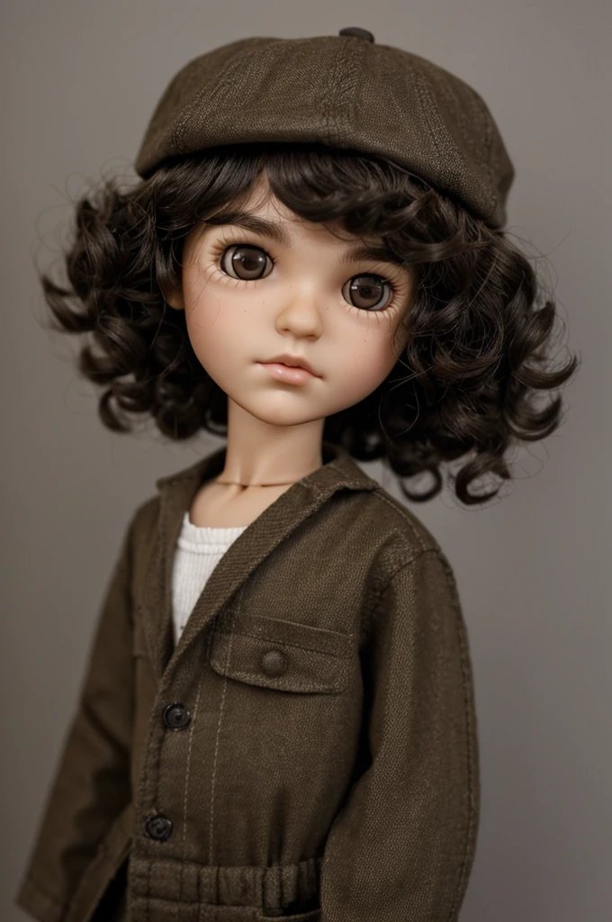 Make a boy blythe doll with a black cap and dark brown hair, and light brown sking and brown dark eyes and really dark baggy eyes make his hair curly and his skin darker make his hair a tomboy cut make his skin darker and more dark circles around his eyes