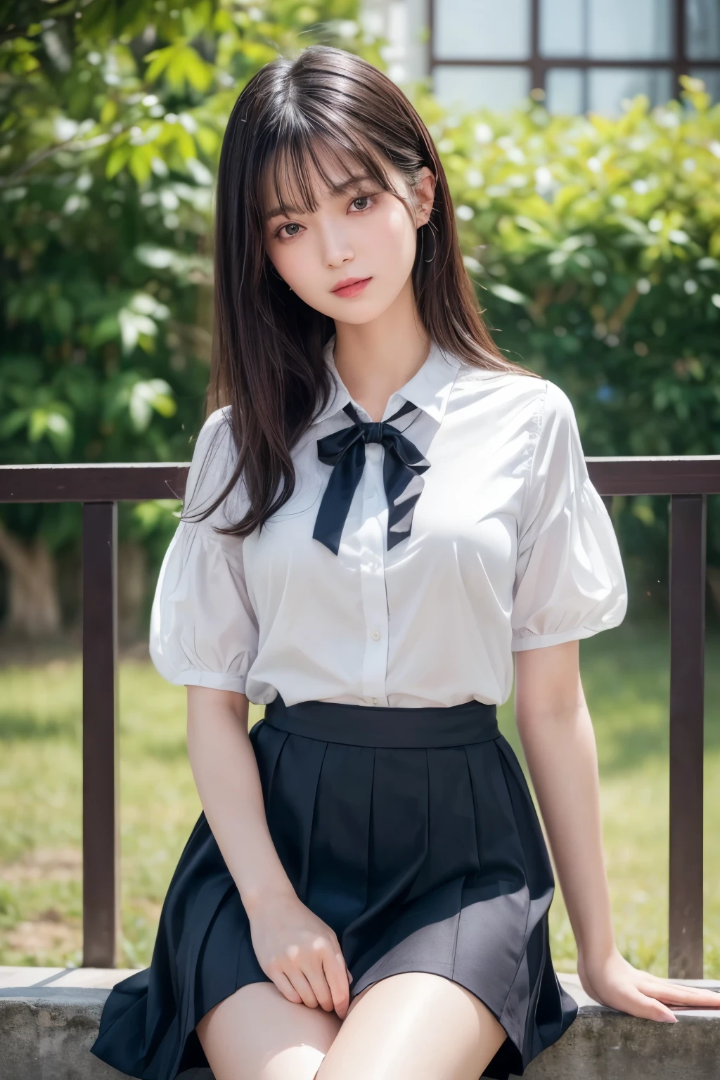 ((Best image quality、8K、masterpiece：1.3))、Realistic high-quality photos、Highest quality、Beautiful and graceful face and eyes、Uniform eyes、Black Hair、Shiny Hair、 OL、Wearing a short-sleeved blouse、Wear a long skirt、Full Body Shot.　Sitting、White panties can be seen between her skirt and legs、