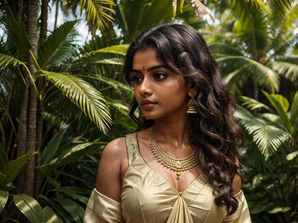 masterpiece, best quality, high quality, High definition, High quality texture, High quality shadow, high detail, realistic, Cinematic Light, sidelighting, Lens Flare, Ray tracing, sharp focus,an image of a Kerala traditional girl with long, curly hair. She should be looking directly at the camera with a clear and realistic expression on her face. The girl should be wearing traditional Kerala attire, which typically includes a saree or a salwar kameez, and adorned with traditional jewelry and accessories. The background should reflect the cultural and natural beauty of Kerala, with lush greenery and perhaps elements like coconut trees or a serene backwater scene.