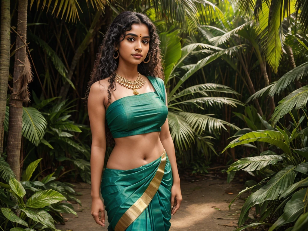 masterpiece, best quality, high quality, High definition, High quality texture, High quality shadow, high detail, realistic, Cinematic Light, sidelighting, Lens Flare, Ray tracing, sharp focus,an image of a Kerala traditional girl with long, curly hair. She should be looking directly at the camera with a clear and realistic expression on her face. The girl should be wearing traditional Kerala attire, which typically includes a saree or a salwar kameez, and adorned with traditional jewelry and accessories. The background should reflect the cultural and natural beauty of Kerala, with lush greenery and perhaps elements like coconut trees or a serene backwater scene.