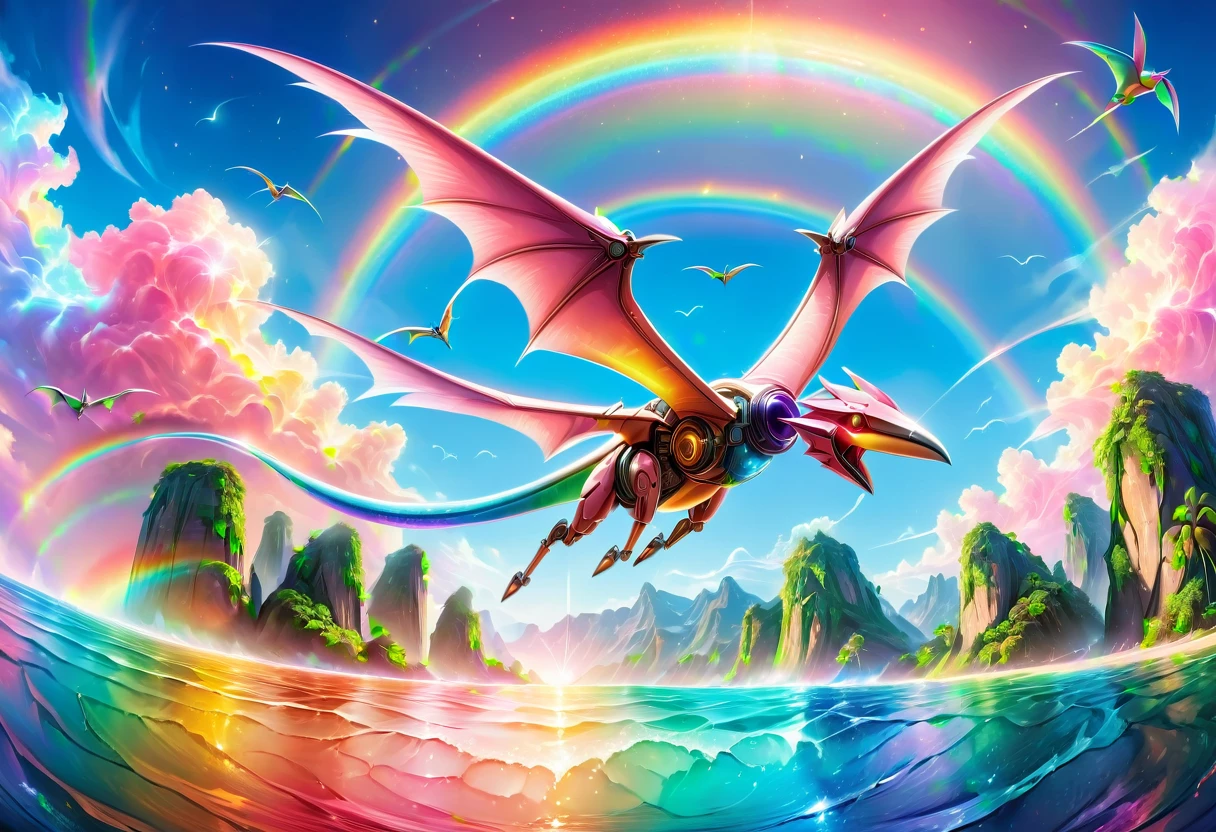 a National Geographic, an award winning picture of a (pink mech Pterosaur: 1.3) flying in the sky near a rainbow, dynamic sky background, (masterpiece: 1.4) intense details, highly detailed, photorealistic, best quality, highres,16k, [ultra detailed], masterpiece, best quality, (extremely detailed), ultra wide shot, photorealistic, RAW, realistic art,((best quality)), ((masterpiece)), (detailed: 1.5) ral-czmcrnbw, Mechanical Creatures