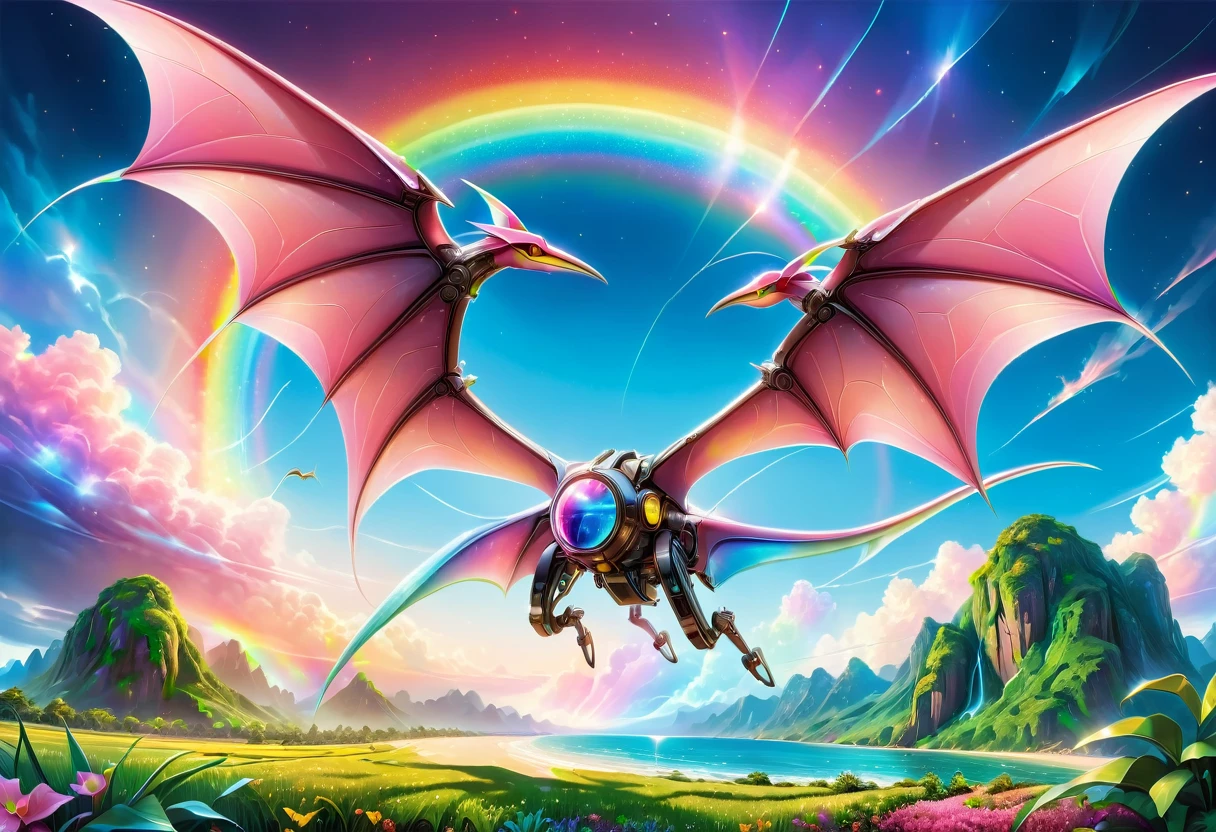 a National Geographic, an award winning picture of a (pink mech Pterosaur: 1.3) flying in the sky near a rainbow, dynamic sky background, (masterpiece: 1.4) intense details, highly detailed, photorealistic, best quality, highres,16k, [ultra detailed], masterpiece, best quality, (extremely detailed), ultra wide shot, photorealistic, RAW, realistic art,((best quality)), ((masterpiece)), (detailed: 1.5) ral-czmcrnbw, Mechanical Creatures