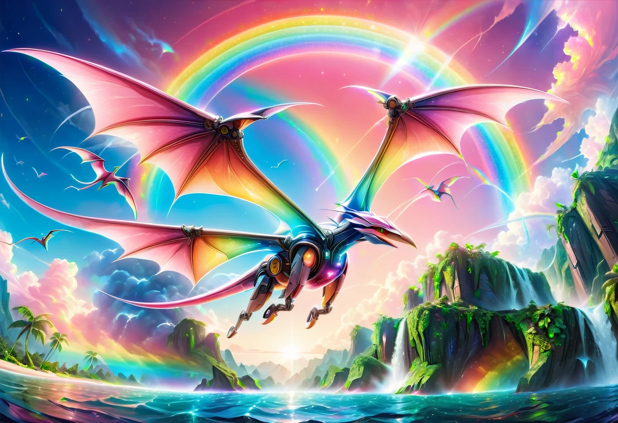 a National Geographic, an award winning picture of a (pink mech Pterosaur: 1.3) flying in the sky near a rainbow, dynamic sky background, (masterpiece: 1.4) intense details, highly detailed, photorealistic, best quality, highres,16k, [ultra detailed], masterpiece, best quality, (extremely detailed), ultra wide shot, photorealistic, RAW, realistic art,((best quality)), ((masterpiece)), (detailed: 1.5) ral-czmcrnbw, Mechanical Creatures