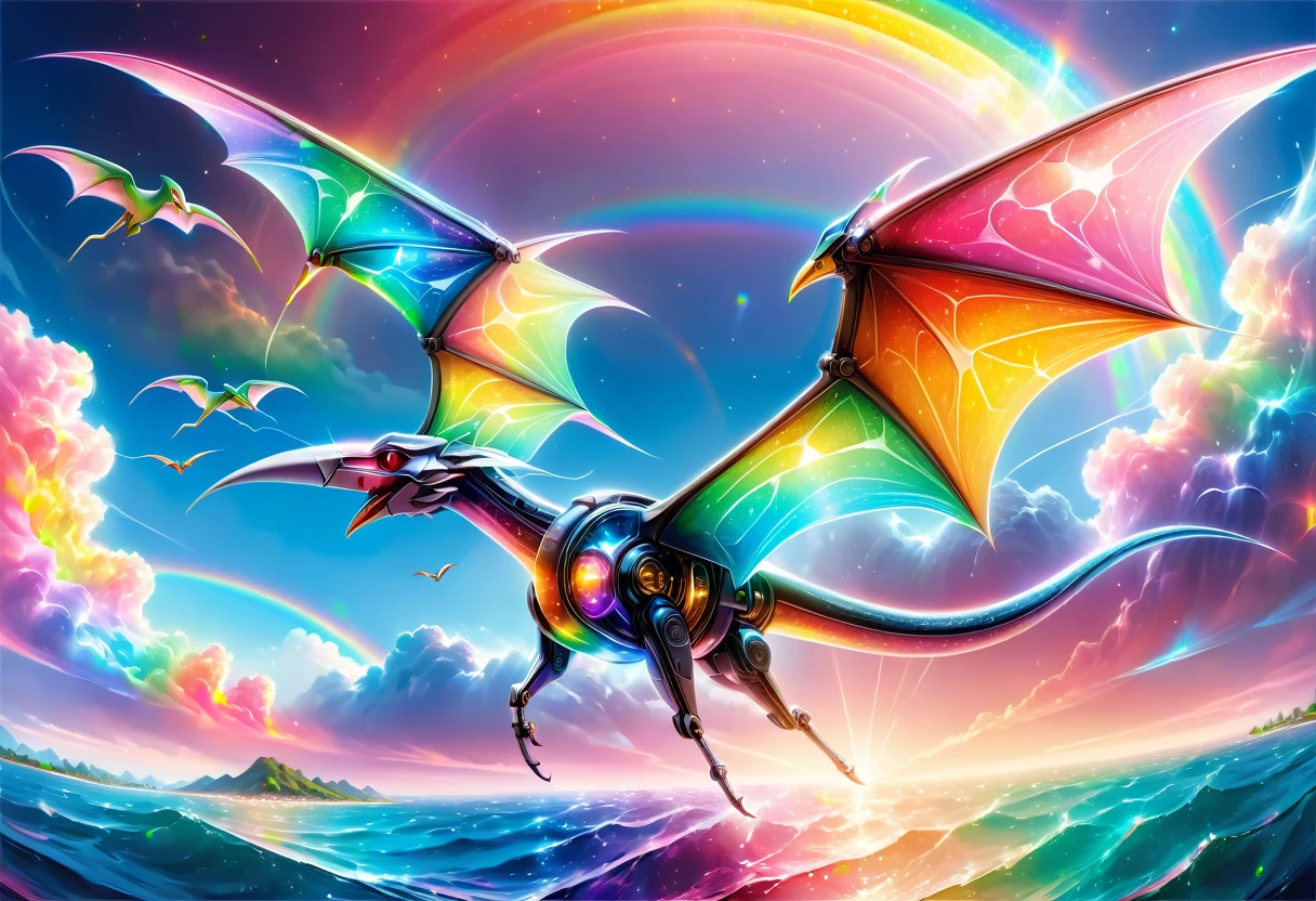 a National Geographic, an award winning picture of a (pink mech Pterosaur: 1.3) flying in the sky near a rainbow, dynamic sky background, (masterpiece: 1.4) intense details, highly detailed, photorealistic, best quality, highres,16k, [ultra detailed], masterpiece, best quality, (extremely detailed), ultra wide shot, photorealistic, RAW, realistic art,((best quality)), ((masterpiece)), (detailed: 1.5) ral-czmcrnbw, Mechanical Creatures