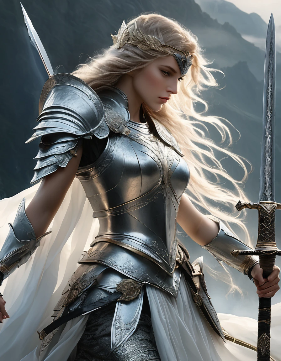 (Highest quality,4K,8K,High resolution,masterpiece:1.2),Super detailed,(Realistic,photoRealistic,photo-Realistic:1.37),In the style of Scarlett Hooft Grafland,Side view,剣のWarrior,Ink Art,Warrior,Graceful pose,Dramatic lighting,Black and White,Contrast,highly detailed incline,Delicate ink texture,Subtle ink shading,Ethereal atmosphere,unique configuration,Artistically crafted background,Graceful appearance,Intense expression,Flowing Hair,Sharp face,Emotional eyes,A commanding presence,Ceremonial Armor,Hold the sword accurately,A striking decorative element,Captivating aura,Strong gaze,Showing strengths and weaknesses,Sublime and fascinating art