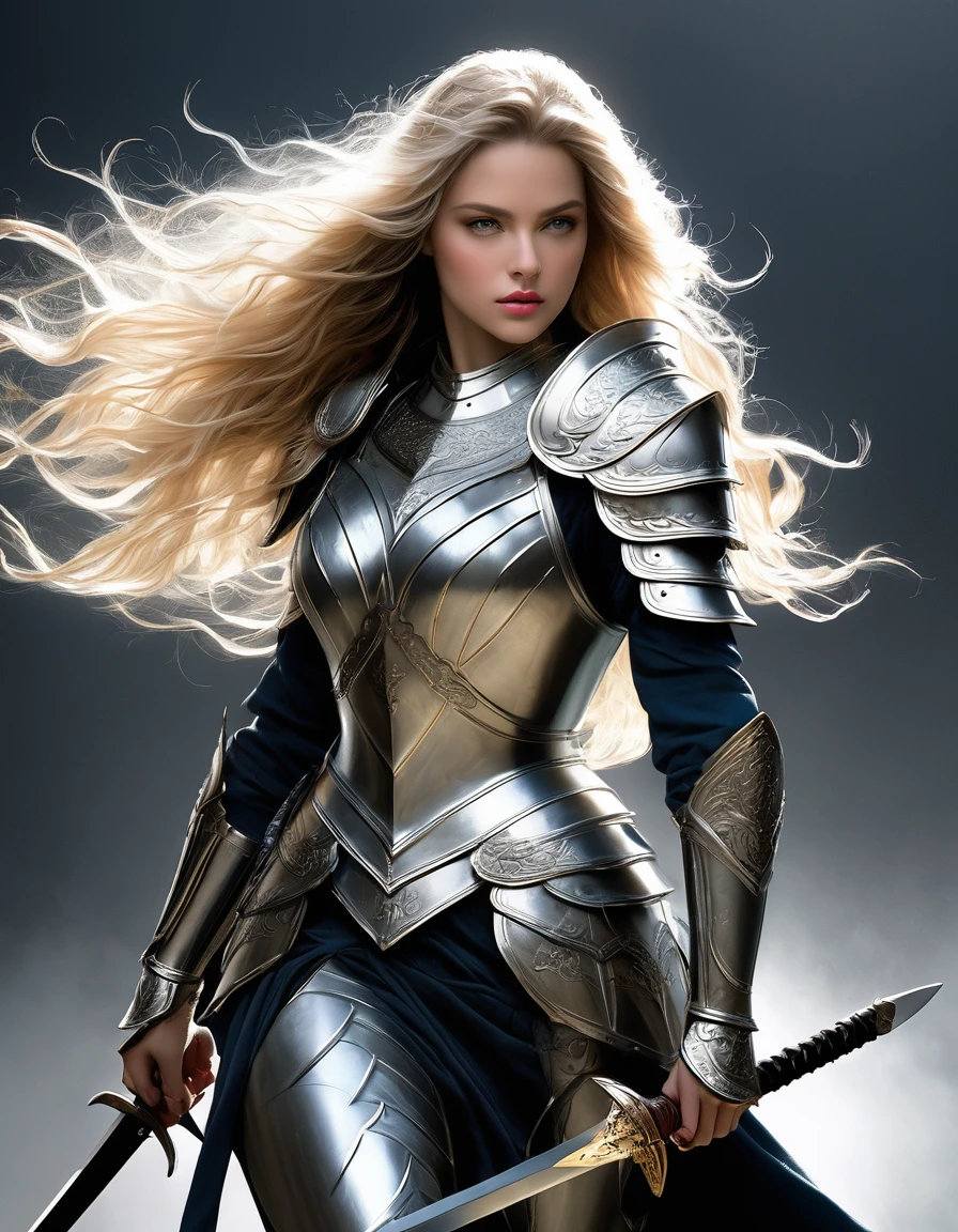 (Highest quality,4K,8K,High resolution,masterpiece:1.2),Super detailed,(Realistic,photoRealistic,photo-Realistic:1.37),In the style of Scarlett Hooft Grafland,Side view,剣のWarrior,Ink Art,Warrior,Graceful pose,Dramatic lighting,Black and White,Contrast,highly detailed incline,Delicate ink texture,Subtle ink shading,Ethereal atmosphere,unique configuration,Artistically crafted background,Graceful appearance,Intense expression,Flowing Hair,Sharp face,Emotional eyes,A commanding presence,Ceremonial Armor,Hold the sword accurately,A striking decorative element,Captivating aura,Strong gaze,Showing strengths and weaknesses,Sublime and fascinating art