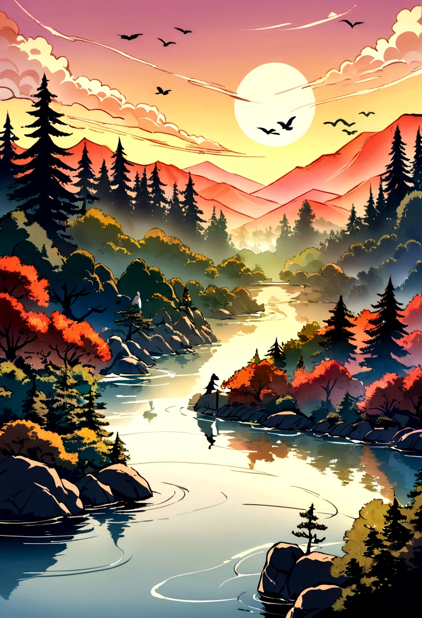 A clear river meanders through the misty mountains. The peaks are rendered in varying shades of ink, creating a layered landscape. The mountains are adorned with verdant pine and cypress, appearing vibrant. A quaint stone bridge spans the river, guiding viewers to explore in depth. On the water surface, a fishing boat sways gently, and the fishermen are leisurely and contented, singing in the sunset. In the sky, several flying birds pass by, adding liveliness and vitality to the picture. The entire picture is filled with the artistic conception and cultural connotations of Chinese landscape painting.