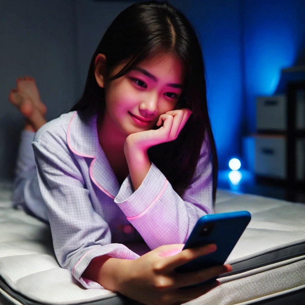 a 20 year old Indonesian girl was holding her chin while making a phone call on the bed , wearing pajamas to sleep, The background of the dark room is illuminated by the light of a bedroom lamp and the LED light glowing blue and pink