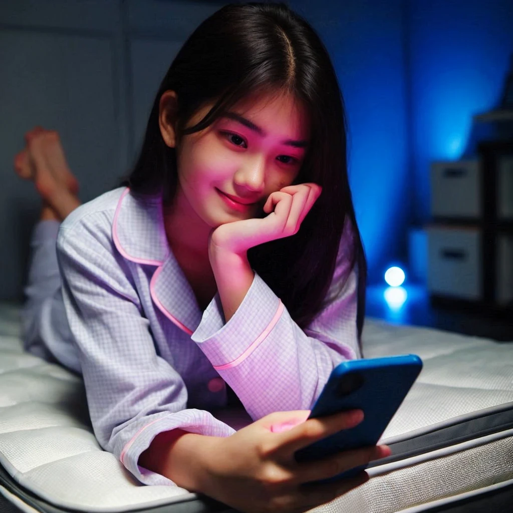 a 20 year old Indonesian girl was holding her chin while making a phone call on the bed , wearing pajamas to sleep, The background of the dark room is illuminated by the light of a bedroom lamp and the LED light glowing blue and pink 