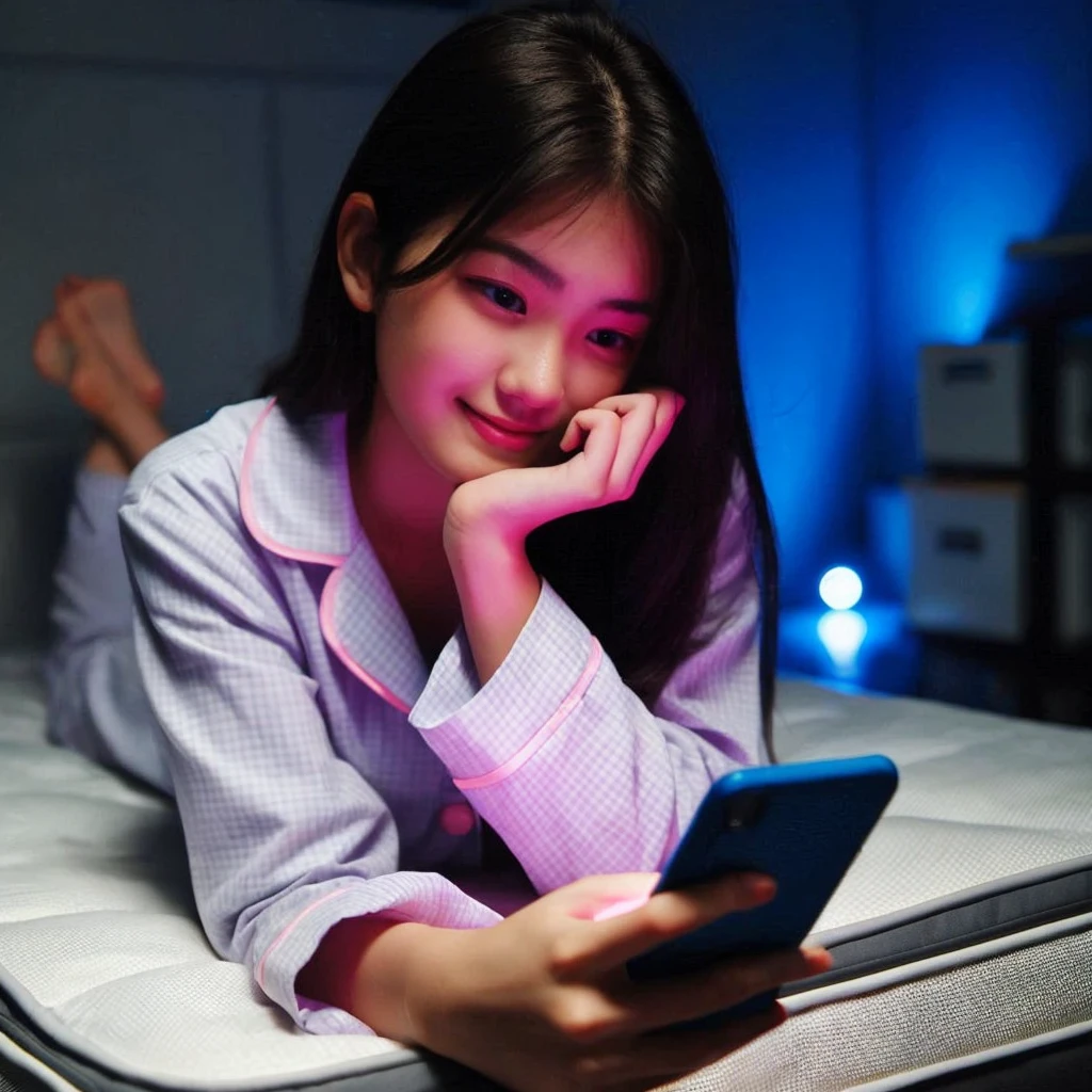 a 20 year old Indonesian girl was holding her chin while making a phone call on the bed , wearing pajamas to sleep, The background of the dark room is illuminated by the light of a bedroom lamp and the LED light glowing blue and pink 