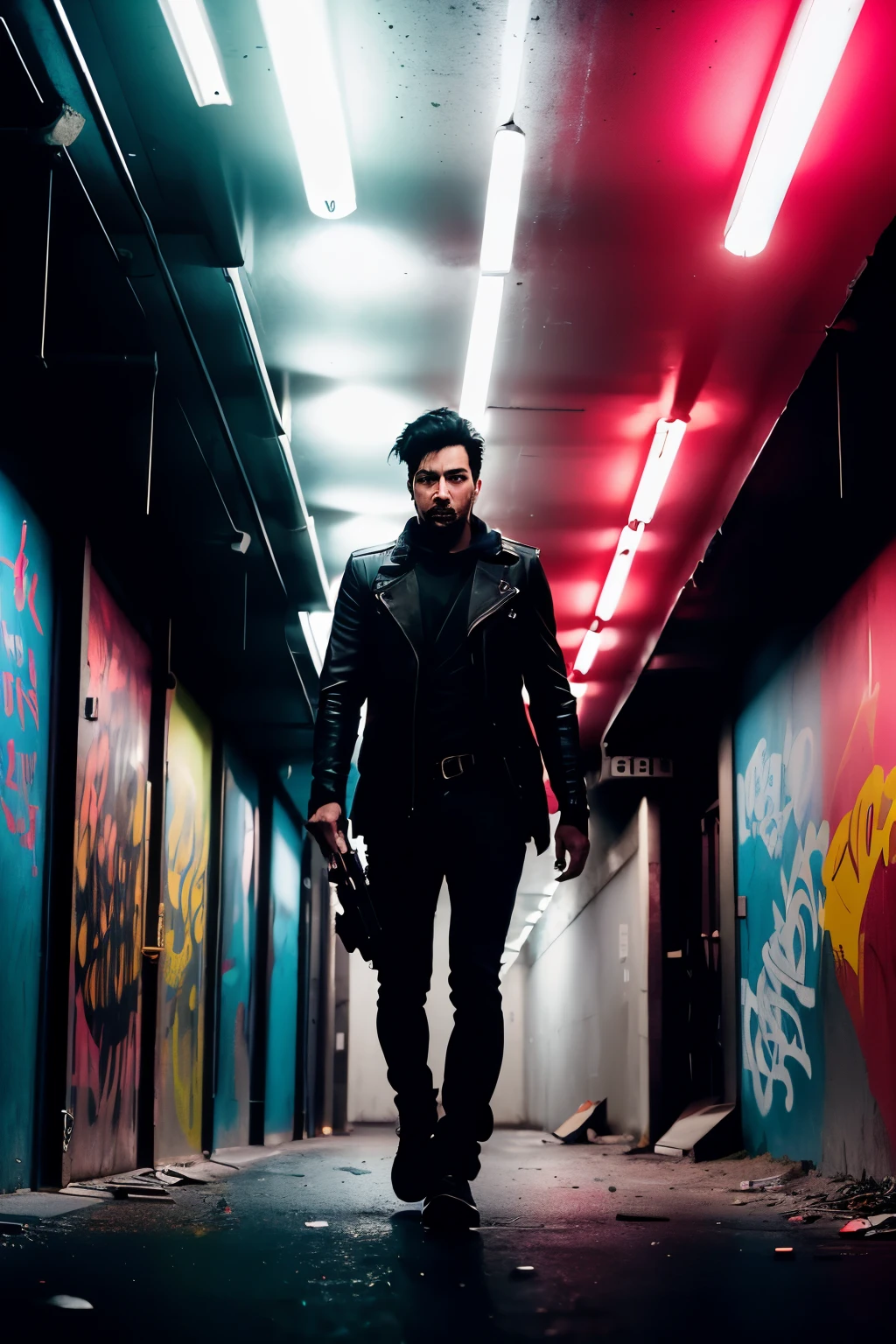Photo of a 35-year-old Man, raw, Abstract Portrait, (extra short spiky black hair), mysterious, dynamic, dark, subway tunnel environment, Involved in a bloody encounter, illuminated by dim flickering lights, dance of shadows, sharp focus, high contrast, expressive brushwork, ominous atmosphere, bright colors, full of emotion, full of tension, fluid movements, silhouettes, haunting and very beautiful, gritty and rough, graceful and fierce, eyes sparkling with determination, guns glinting in the pale light, blurred movements and blurred lines, street art graffiti on the walls, adding a touch of rebellion and modernism