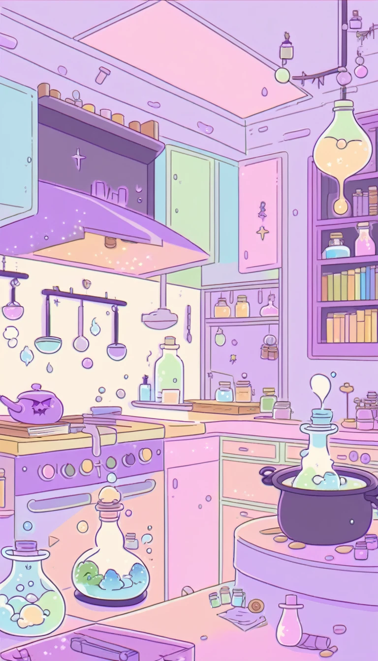 cute, witchy, kitchen, with bubbling cauldron, light colors, pastel colors, potions, books, magical mushrooms