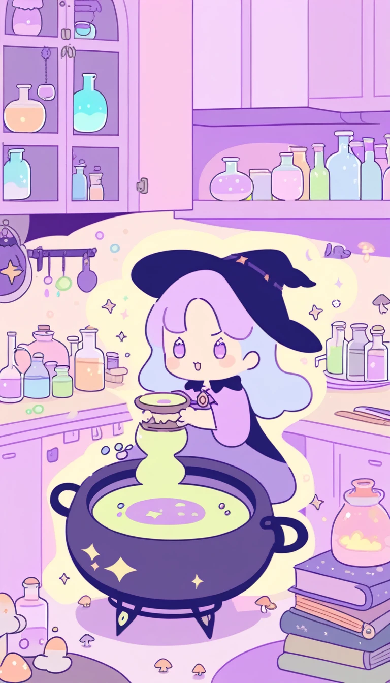 cute, witchy, kitchen, with bubbling cauldron, light colors, pastel colors, potions, books, magical mushrooms