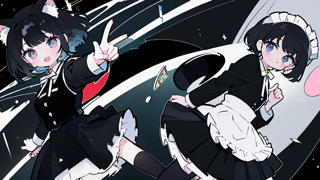masterpiece, Highest quality, High Resolution, One Girl, solo,Maid,Cat ear、 black eye, Black Hair, Long sleeve、 Laughter, skirt,[[Healed finger]], [[[[multiple limbs]]]]