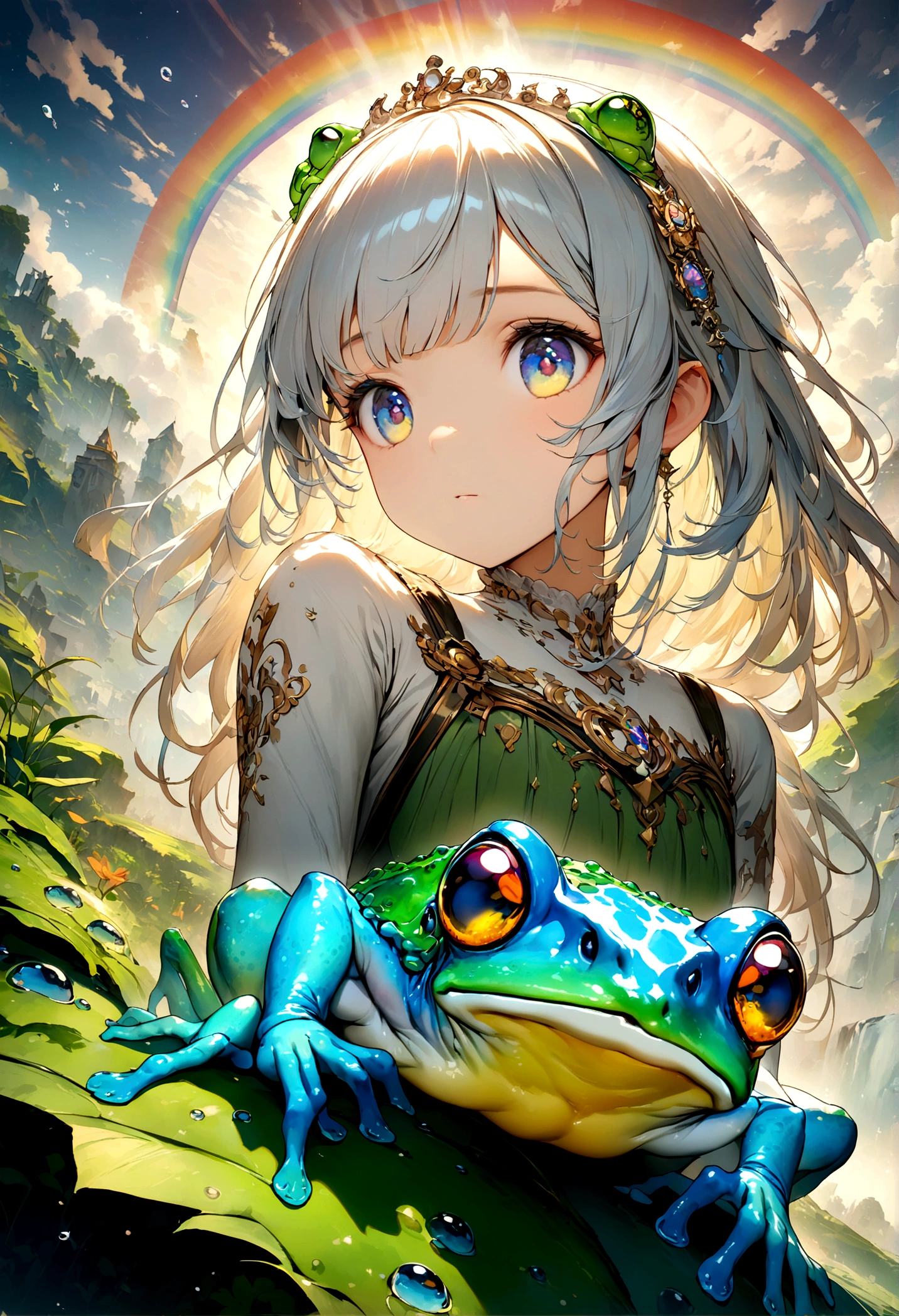 32k, best quality, ultra high res, HDR, UHD, extremely detailed CG, unity 32k wallpaper, {{{masterpiece}}}, {{{best quality}}}, {{ultra-detailed}}, {illustration}, {{an extremely delicate and beautiful}}, {{{high quality eyes}}}, Iridescent frog,rainbowfrog,Rainbow frog,Rainbow frog,