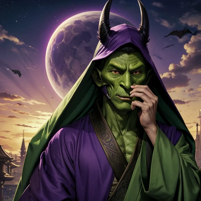 A human monster, tall, green skin, long nose, bat wing, purple long robe, tengu mask, head wear, robe covers the mouth, covered mouth, 