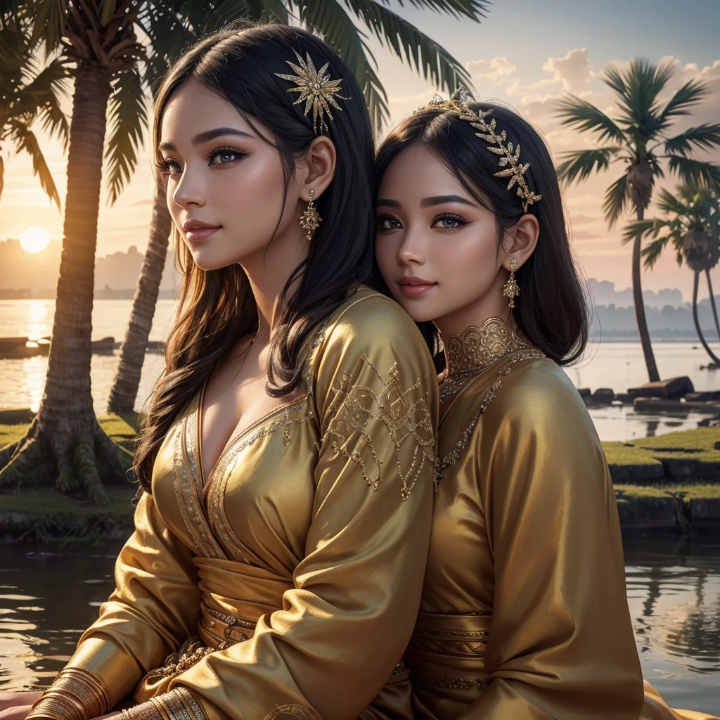 beautiful detailed eyes, beautiful detailed lips, extremely detailed eyes and face, long eyelashes, 1girl, 1man, couple, smiling, sitting, near river, Angkor Wat temple, sunset, palm trees, (best quality,4k,8k,highres,masterpiece:1.2),ultra-detailed,(realistic,photorealistic,photo-realistic:1.37),HDR,UHD,studio lighting,ultra-fine painting,sharp focus,physically-based rendering,extreme detail description,professional,vivid colors,bokeh,portrait