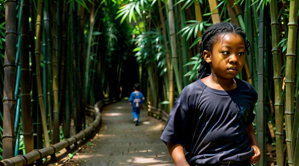 Image of a black teenager,  - - wearing a dark gray long-sleeved shirt with no pattern - short curly hair - long pants and straw sandals, - looking in profile at the bamboo grove, running backwards alone on the trail - Image of blue morpho butterflies - butterfly flying next to a running teenager - bamboo forest