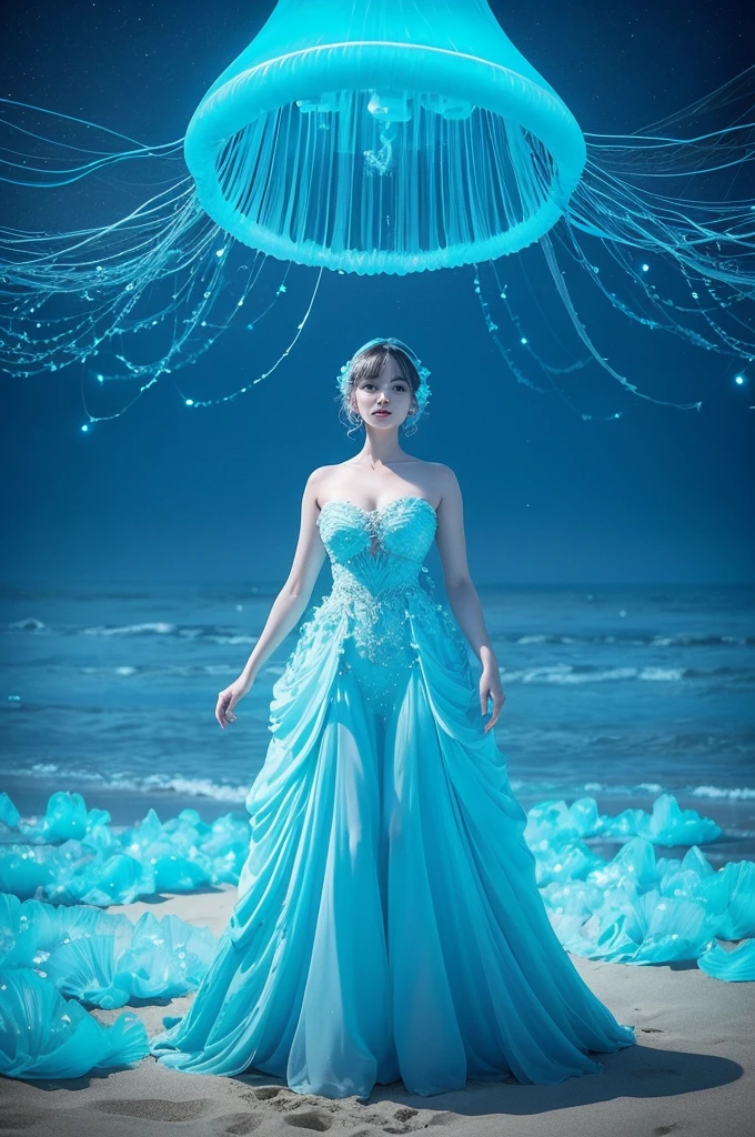 clearing! Here&#39;s a prompt you can use to generate a similar image with a little more focus on the figure&#39;s face.:

---

"An elegant woman in a bright light blue dress, standing on the beach at night. The figure is surrounded by luminous jellyfish that emit a soft light. The woman&#39;s face is highlighted, illuminated by the light of jellyfish, with a serene and mysterious expression. Your hair waves gently in the wind, reflecting the bright colors of the dress. The sea and night sky in the background complement the scene with a magical and surreal touch.."

--- This prompt should help direct image generation to include more detail in the figure&#39;s face, maintaining the fantastical elements and nighttime ambiance.