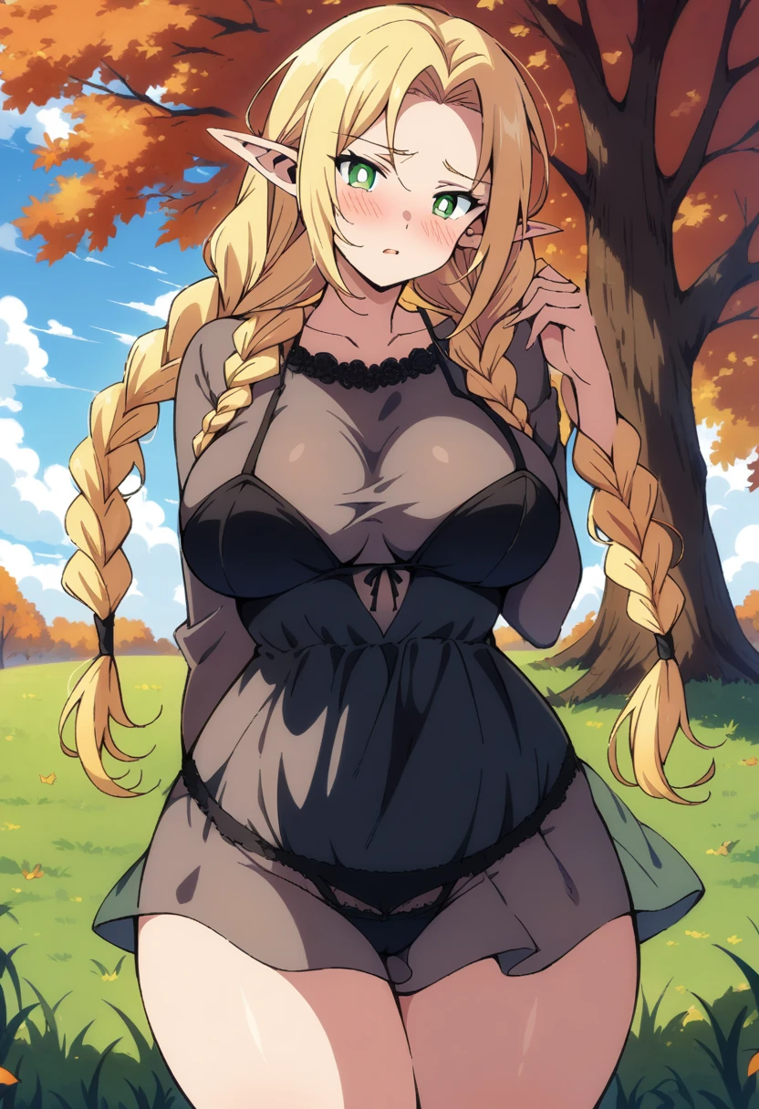 anime art style, masterpiece, best quality, very aesthetic, absurdres, dynamic shadows, atmosferic, marcilledonato, ((1girl)), blonde hair, ((long hair)), braid, twin braids, long braids, parted bangs, green eyes, detailed eyes, bright pupils, pointy ears, curvy body, large breasts, sexy, black nightgown, lingerie, (((see-throught))), borrowed, embarrased, intense blush, ((cowboy shot)), (from front), (standing), (grass), (afternoon), (autumn), (trees), (clouds), (looking at viewer:1.0)