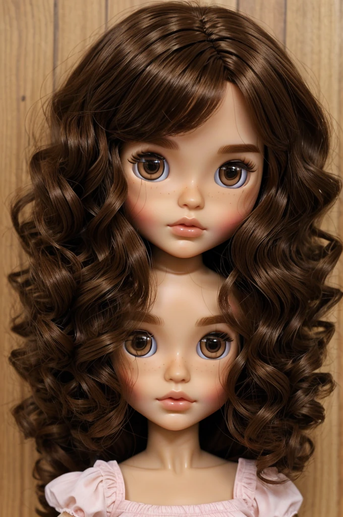 Make me a blythe doll brunette with curly brown hair brown eyes