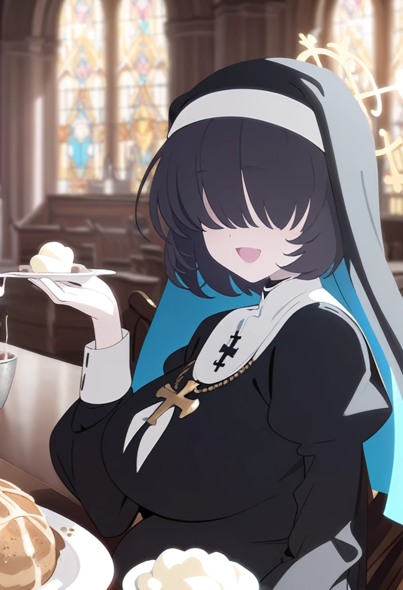 1girl, nun, cross, cross necklacke, jewelry, (black hair), (turquoise bangs), very short hair, hair over eyes, pale skin, medium breasts, turquoise eyes, black dress, church, smile, huge belly, eating meal, table, dirty belly, belly on table, (masterpiece), best quality, anime style