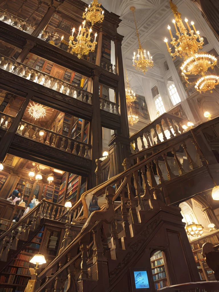 Bookstore, bookcases, T-shaped staircase, a gorgeous chandelier