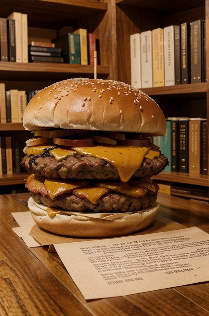 Create an image of a giant burger with human limbs, elegantly writing on a piece of paper with a quill and ink in a workshop. The giant burger should have a serious, focused expression. Surrounding it, there are many smaller burgers with human limbs, each one reading papers intently. The workshop should have a cozy, studious atmosphere, with wooden desks, shelves filled with books, and warm lighting.