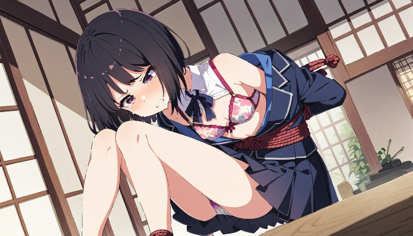 A girl in a blazer uniform with a floral bra and floral print is tied up behind her back with a rope while standing in a Japanese-style room and crying in disgust.pPantyhose nipples erect, black hair, short bob, small breasts, pale pubic hair girl、From head to ankle