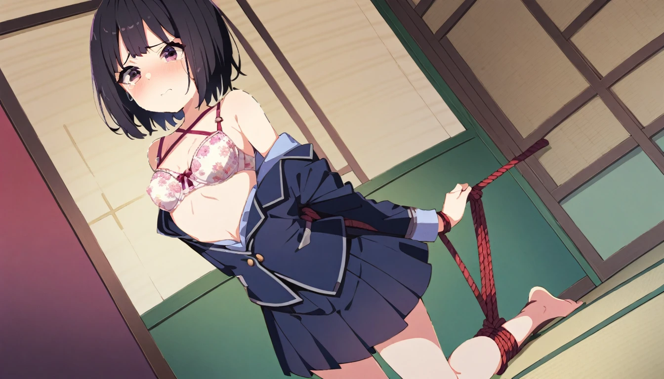 A girl in a blazer uniform with a floral bra and floral print is tied up behind her back with a rope while standing in a Japanese-style room and crying in disgust.pPantyhose nipples erect, black hair, short bob, small breasts, pale pubic hair girl、From head to ankle