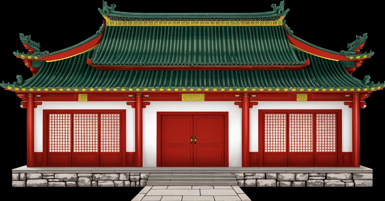 illustration of a traditional chinese house with a red door and a green roof, temple background, zen temple background, background depicting a temple, palace background, house background, chinese building, background art, digital painting of a pagoda, tang dynasty palace, korean traditional palace, detailed scenery —width 672, anime background art, an extremely detailed building, random background scene