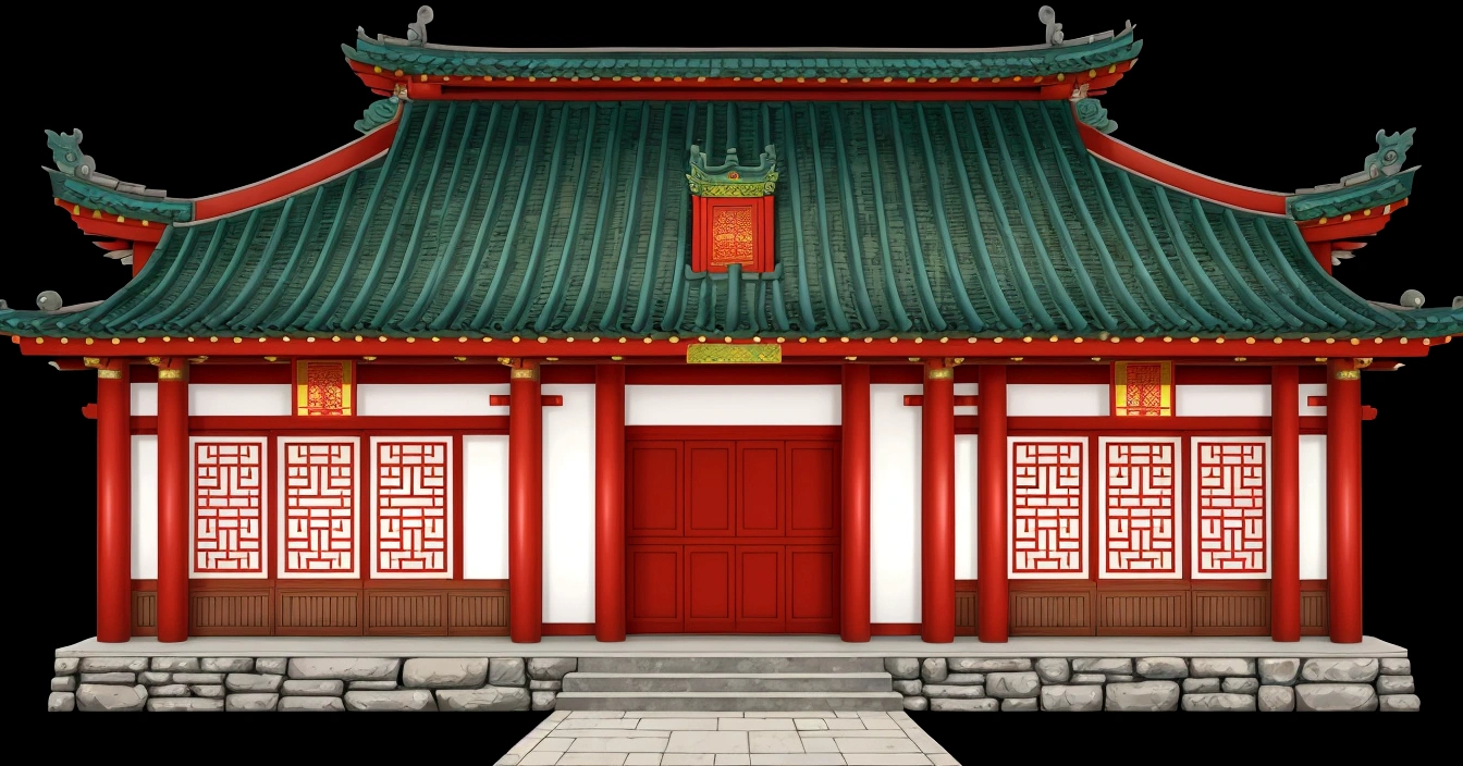 illustration of a traditional chinese house with a red door and a green roof, temple background, zen temple background, background depicting a temple, palace background, house background, chinese building, background art, digital painting of a pagoda, tang dynasty palace, korean traditional palace, detailed scenery —width 672, anime background art, an extremely detailed building, random background scene