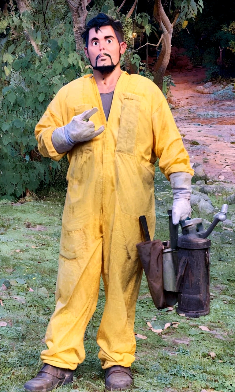 man with light skin, black hair and goatee, wearing yellow beekeeper's overalls, he is in a place with many trees and most of them are eucalyptus in pixar