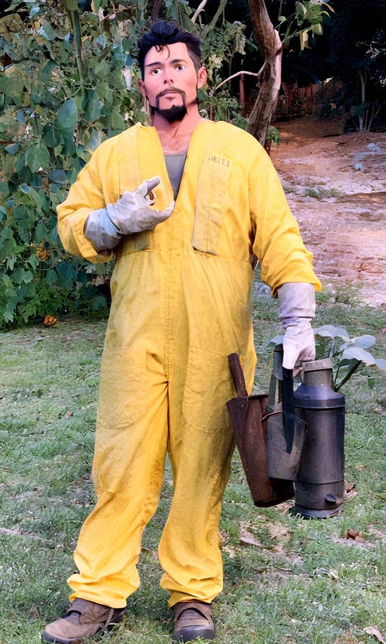 man with light skin, black hair and goatee, wearing yellow beekeeper's overalls, he is in a place with many trees and most of them are eucalyptus in pixar