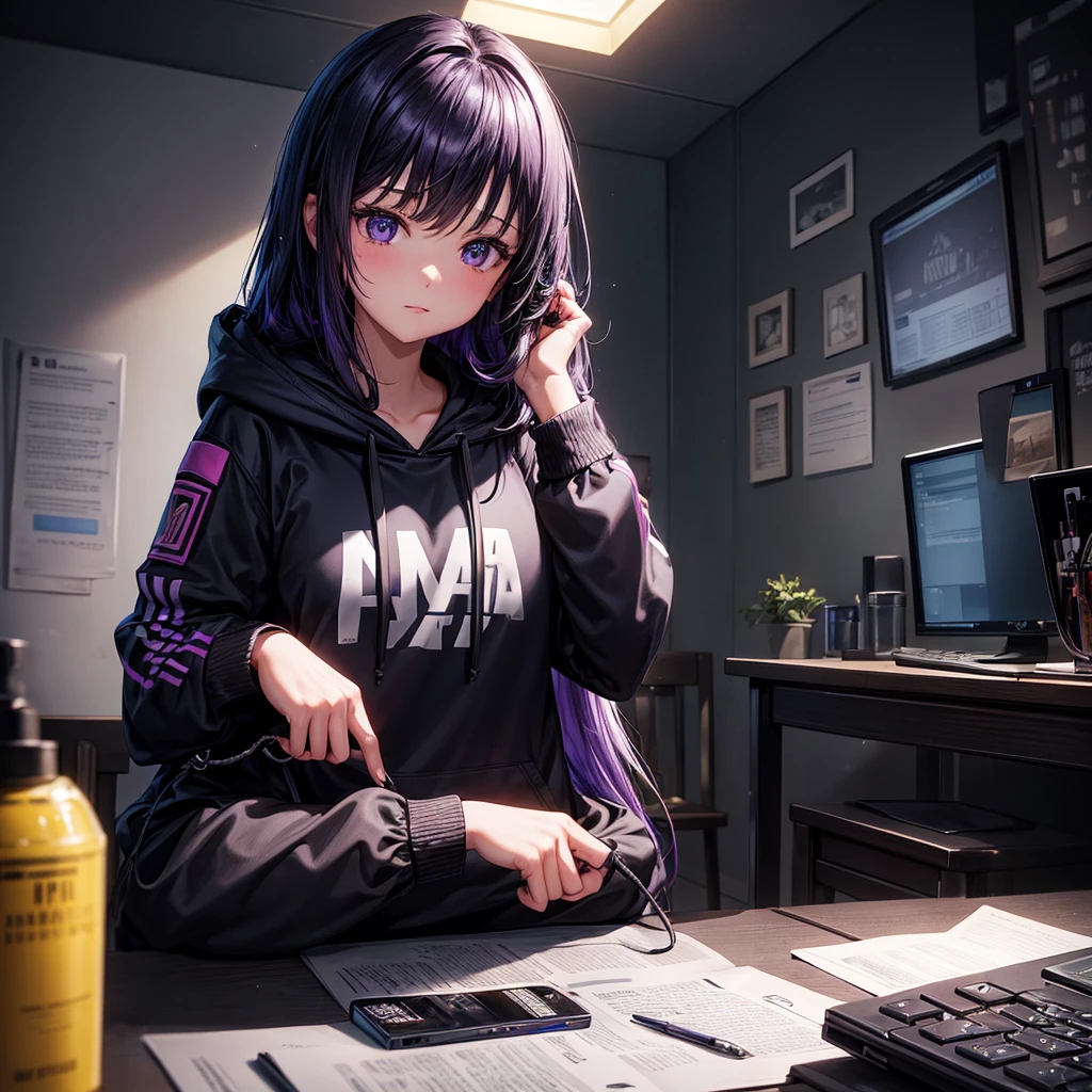 highly detailed, HD, dark background, a very beautiful girl sits at the computer, on the wall it is written: Мариша, On a hoodie too. The room is purple-black, with lights, on the PUBG mobile screen, in the girl’s arms lies a dog
