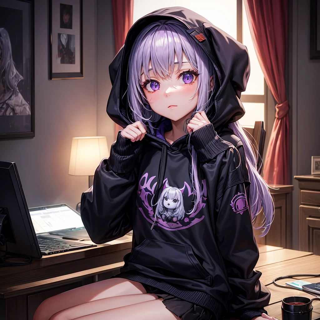  highly detailed, HD, dark background, a very beautiful girl sits at the computer, on the wall it is written: Мариша, On a hoodie too. The room is purple-black, with lights, on the PUBG mobile screen, in the girl’s arms lies a dog