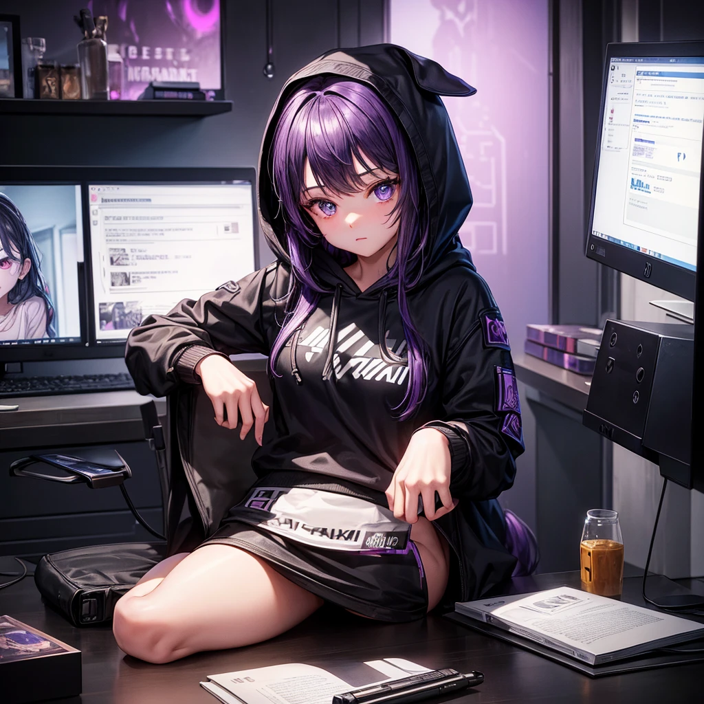 highly detailed, HD, dark background, a very beautiful girl sits at the computer, on the wall it is written: Мариша, On a hoodie too. The room is purple-black, with lights, on the PUBG mobile screen, in the girl’s arms lies a dog