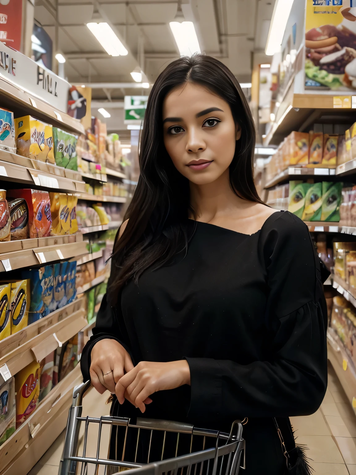 A Latina woman with a beautiful figure doing her shopping in a supermarket. She is dressed very elegantly, with stylish clothing. The scene is captured in the best quality, 4K, 8K, high resolution, and is a masterpiece (1.2). The woman is extremely detailed, with a crow perched on her shoulder (realistic, photorealistic, photorealistic: 1.37). The artwork is half oil. She has charming and detailed eyes, expressive lips, and long, loose black hair. The colors are vibrant. The background is a supermarket aisle filled with various groceries. The crow has delicate feathers with intricate details. The woman strikes an elegant pose with a serene expression. The atmosphere is soft and dreamlike, with textured brush strokes and subtle touches of mystery and magic. A beautiful raven is perched on her shoulder.