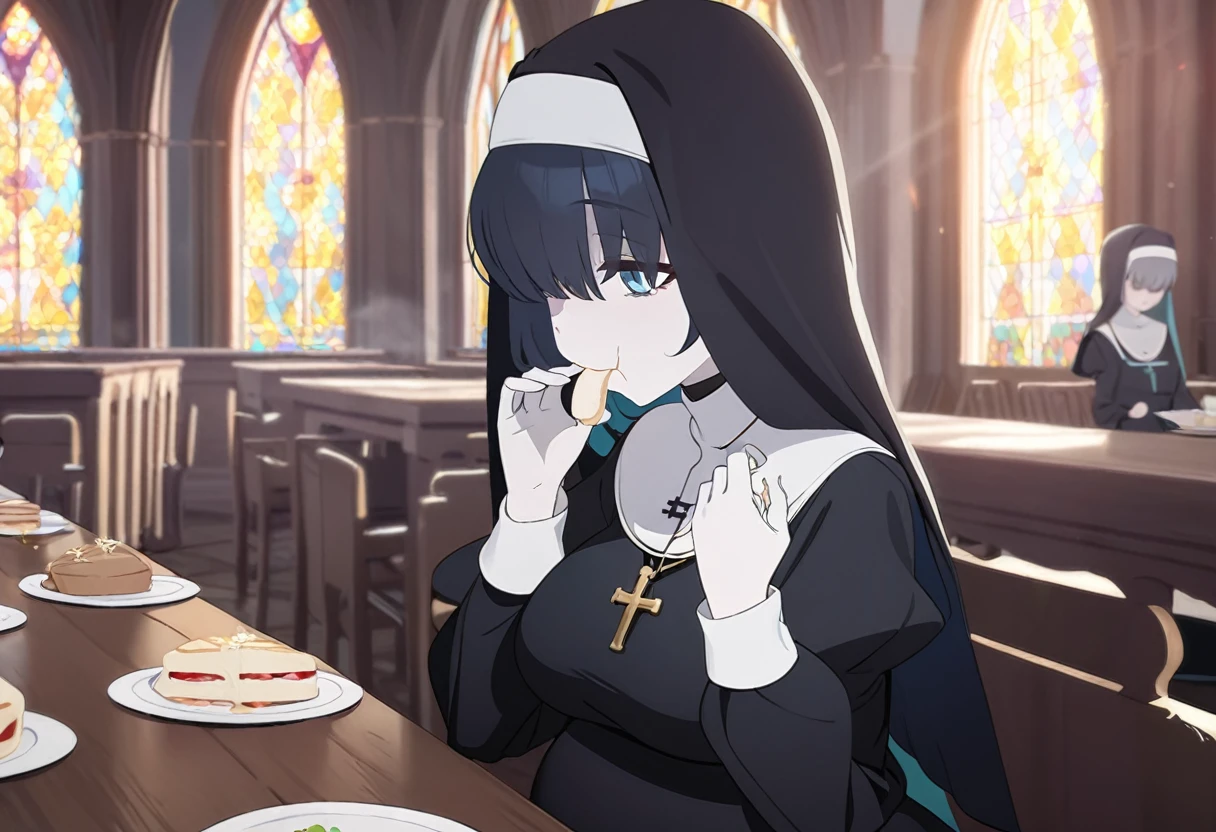 1girl, nun, cross, cross necklacke, jewelry, (black hair), (turquoise bangs), very short hair, hair over eyes, pale skin, medium breasts, turquoise eyes, black dress, church, smile, huge belly, eating meal, table, dirty belly, belly on table, (masterpiece), best quality, anime style