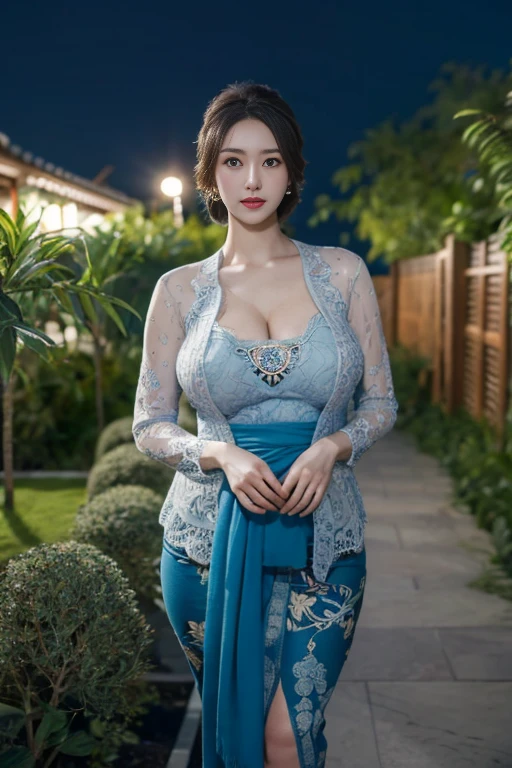 8k, best quality, Medium close-up, (blue kebaya )、(luxury kebaya ),(top-quality,masterpiece:1.3,超A high resolution,),(ultra-detailliert,Caustics),(Photorealsitic:1.4,RAW shooting,)Ultra-realistic capture,A highly detailed,high-definition16Kfor human skin, Cute and lovely Korean girl, realistic, ultra detail, photo realistic, Increase quality,
standing in a garden with a scarf, garden, (large breast), (cleavage ), close-up shot, mouth,dark-haired, Messy Updo hair, (depth of fields、chromatic abberation、Wide range of lighting、Natural Shading、)、(Exterior light at night:1.4)、(Hair swaying in the wind:1.2).