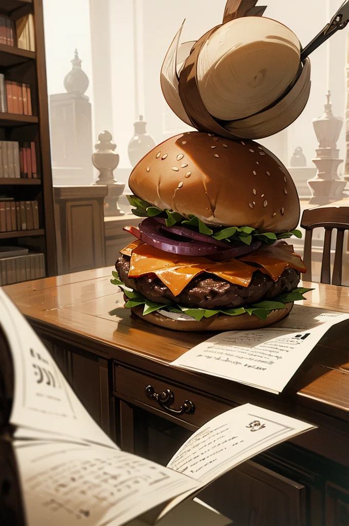 Create an image of a giant burger with human limbs, elegantly writing on a piece of paper with a quill and ink in a workshop. The giant burger should have a serious, focused expression. Surrounding it, there are many smaller burgers with human limbs, each one reading papers intently. The workshop should have a cozy, studious atmosphere, with wooden desks, shelves filled with books, and warm lighting.