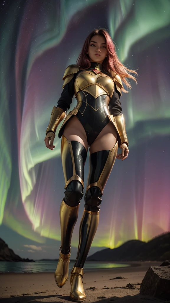 ((best quality)), ((masterpiece)), (ultra detailed), ((full body shot)), indonesian girl, extremely beautiful, ultra face details, 20 years old, green curvy-hair, ((hair blown by strong winds :1.3)), Award-winning photograph, photography of a girl, slim face, extremely beautiful, ultra details armor, ultra details skin, sharp armor texture, crisp picture, ((full make ups)), ((pink blushing)), ((red lips)), ((wearing tight steel-armor)), ((full body armor)), ((tight latex panty)), ((thighs armor)), ((slim body shape)), (((24k-gold) and black armor)), no head cover, ((symmetrical body pose)), model posing in the middle, shinning aura, epic backlights, night at beach, full of stars, orange clouds, nebula, ((aurora Borealis)), shooting stars, from below