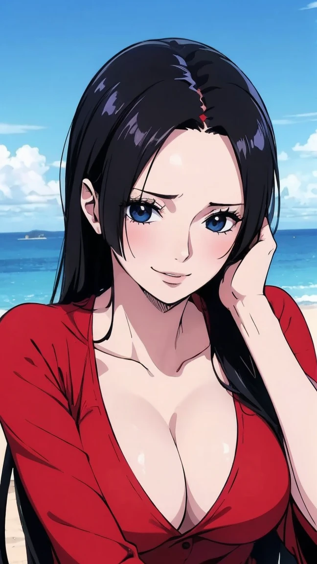 best quality, masterpiece, highly detailed,1girl, (detail light), Boa Hancock,, (masterpiece:1.5), Detailed Photo, Smiling,(8K, Photorealistic, Best Quality: 1.4), (1girl), Beautiful Face, (anime realistic Face), (Black Hair, long Hair: 1.3), Beautiful Hairstyle, Realistic eyes, beautiful detail eyes, (realistic skin), beautiful skin, absurd, attractive, ultra high resolution, ultra realistic, high definition, beach background, large breasts, red robe