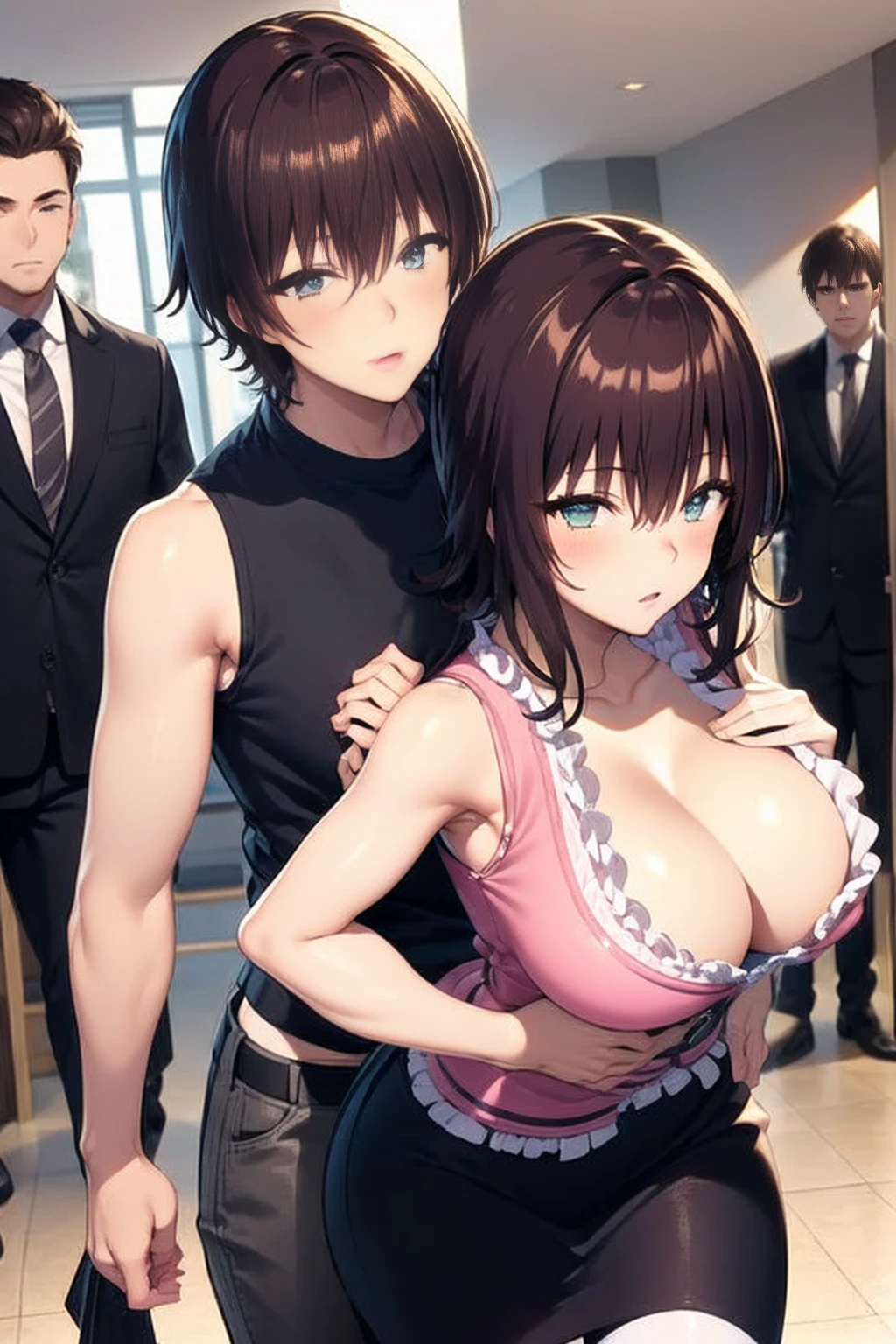 skirt, shirt, thighhighs, cleavage, frills, sleeveless, black skirt, sleeveless shirt, pink shirt, frilled shirt, 1girl, rodo, (old worker), retired, 2boys, surrounded by men, multiple boys, hetero, breast grab, grab from behind,1girl, rodo, (old worker), retired, 2boys, surrounded by men, multiple boys, hetero, breast grab, grab from behind,
