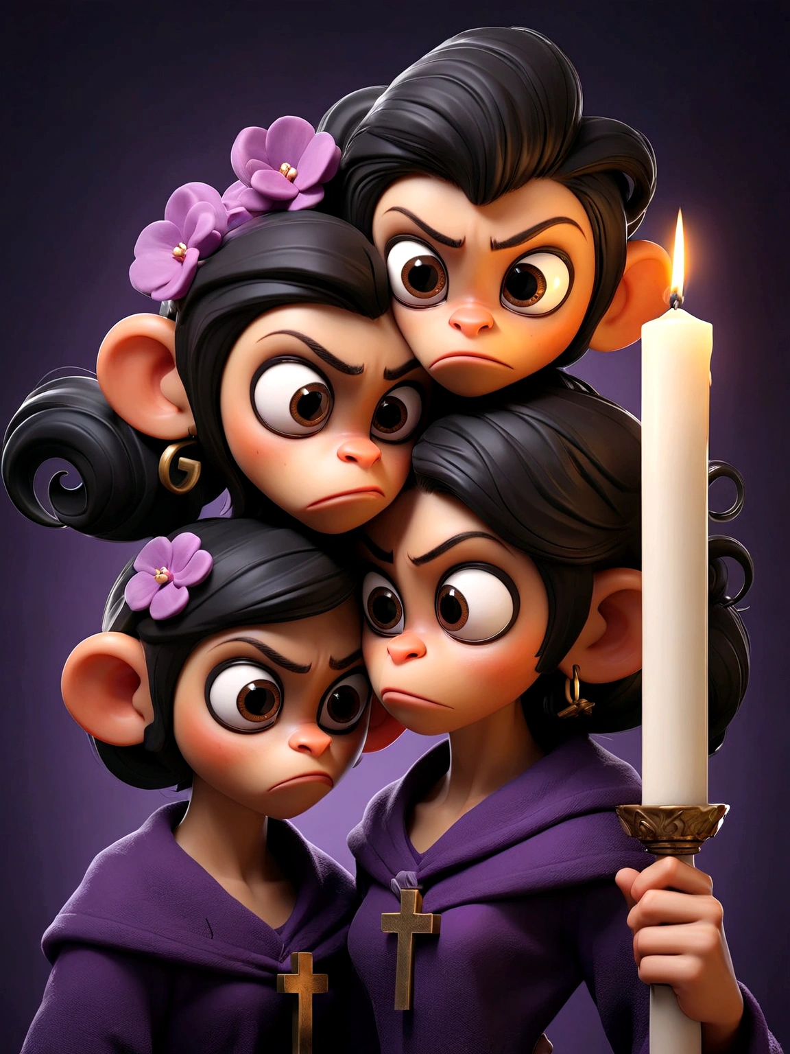 Two girls back to back, with black hair and confident look holding a candle and a cross, behind them there is a purple monkey 