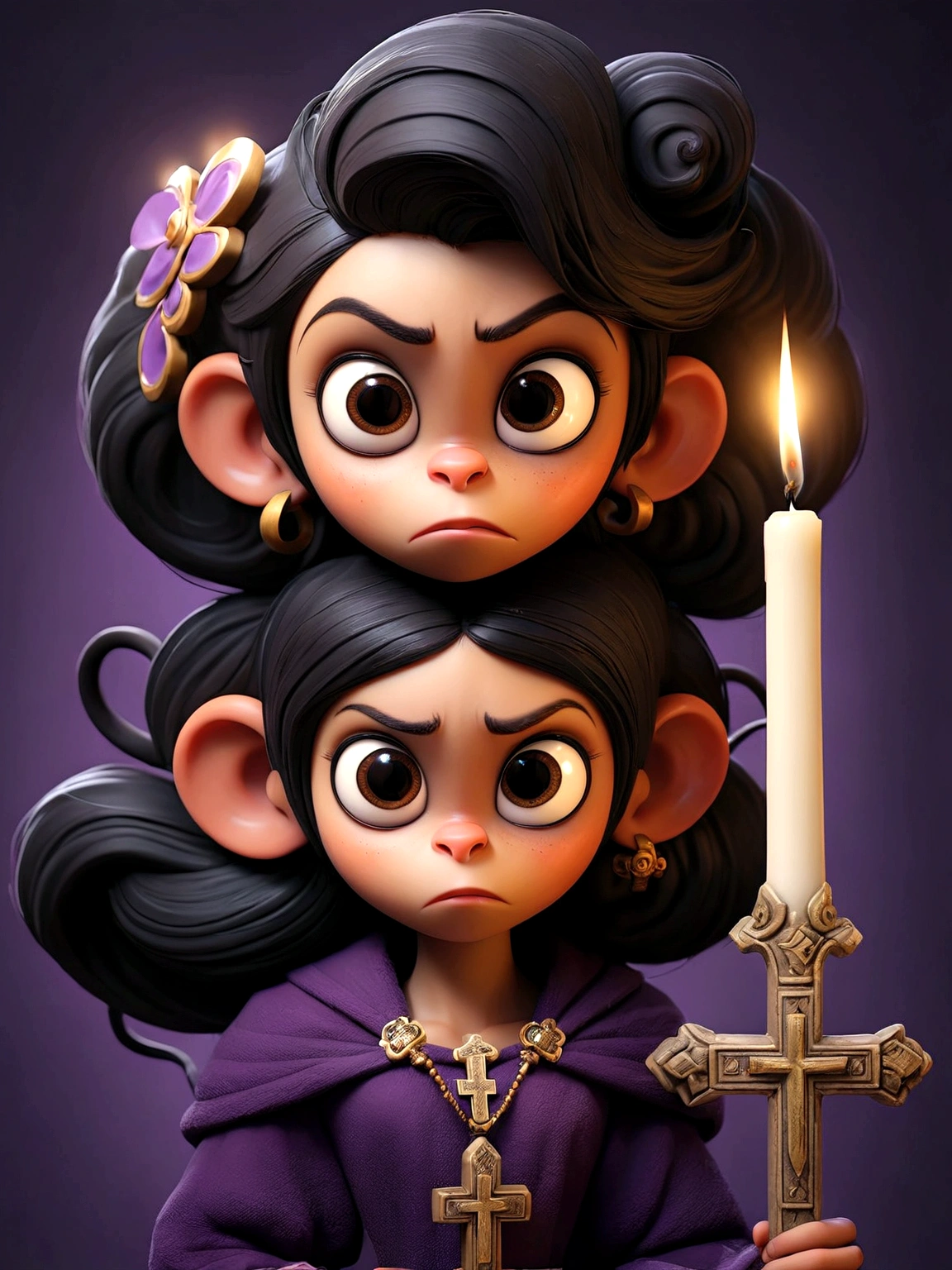 Two girls back to back, with black hair and confident look holding a candle and a cross, behind them there is a purple monkey 