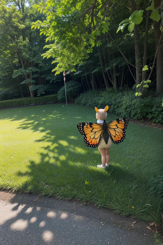 super detaill, High details, high qualiy, 8K, miyazaki style, make a butterfly in surrounding foliage and a lawn on the ground with stronger and lighter colors, high sharpness