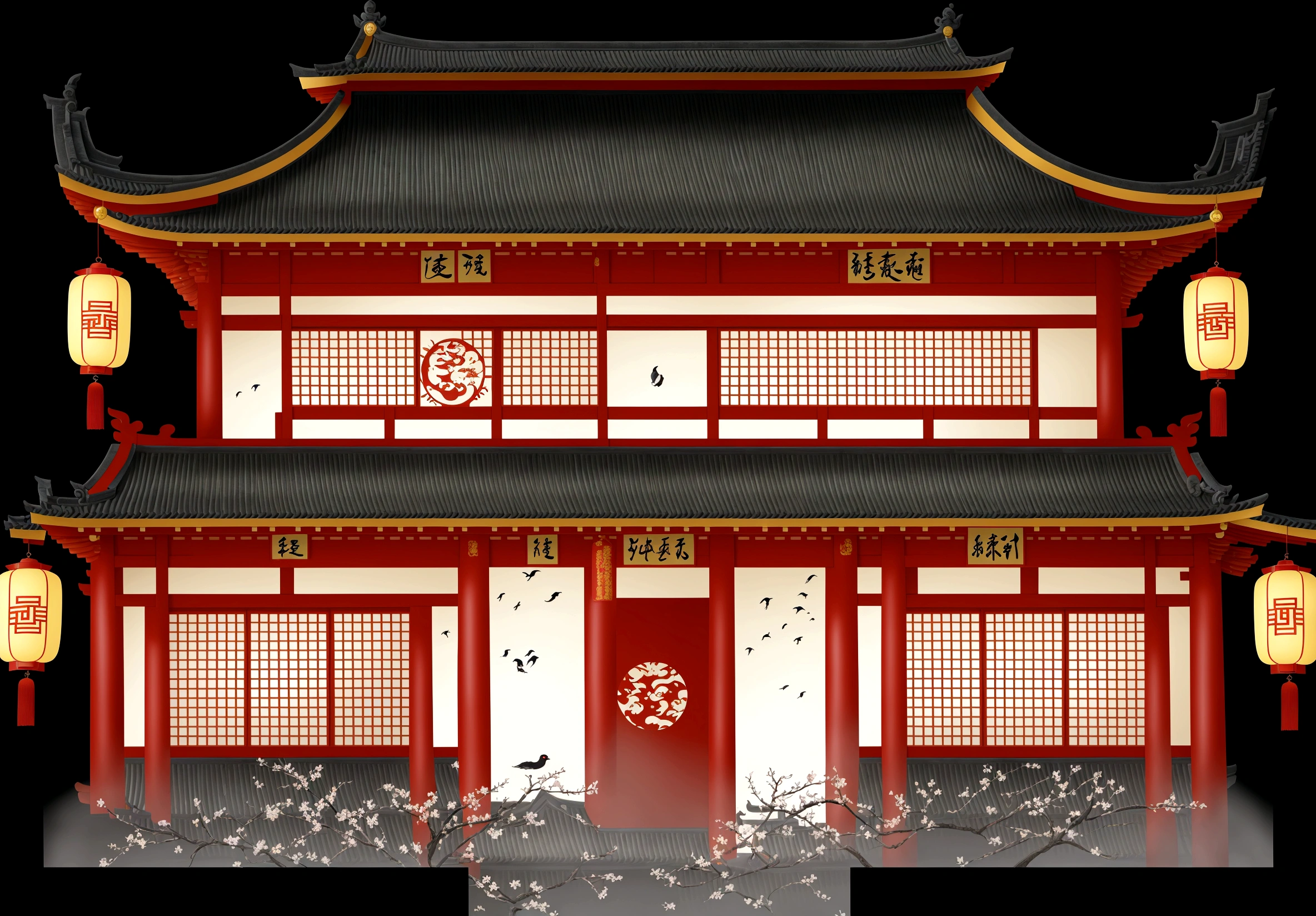 illustration of a traditional chinese building with lanterns and a bird, zen temple background, temple background, background depicting a temple, digital painting of a pagoda, japanese temple, japanese house, chinese building, ancient japanese architecture, japanese art style, inspired by Shūbun Tenshō, korean traditional palace, japanese style painting, japanese temples, cyberpunk japanese temple