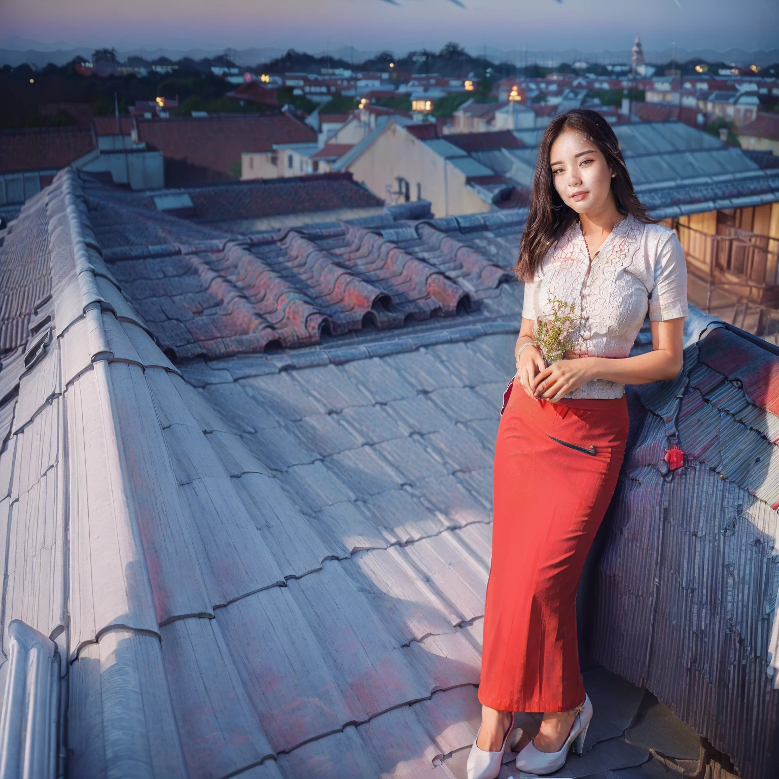 Burmese beautiful woman, 1 girl, solo, (pretty lady MoonLay), seductive look, cute smile, red lips, (sitting seductively on a stool pose:1.5), (looking to the sky:1.5), (night with starry sky:1.5), smooth face skin, traditional beauty, cinematic portrait glow lighting, traditional dress, ((in a white shirt and red skirt:1.5), high heel, (full body view:2), (two story building rooftop balcony with vibrant colorful small townscape background:1.5), (cinematic bokeh deep blur background:1.5), (cinematic enhance HDR portrait glow lighting))), perfect anatomy, cannon mark v, DSLR quality, cinematic lighting, perfect anatomy, perfect face, perfect dress, perfect shin and calf, perfect hands, perfect toes