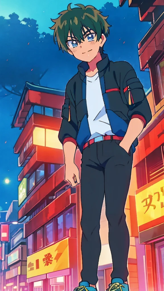 Maxwell Shifuto, teenage boy, straight green hair, blue eyes, red t-shirt, black jacket, black jeans, blue and white sports shoes, smile, handsome, background in the city of Tokyo at night when the wild motorbike race starts.